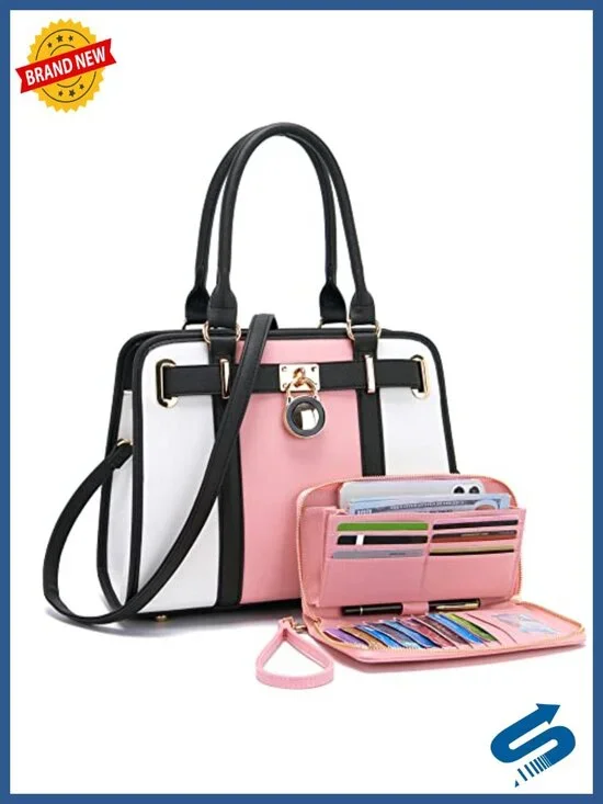 Vegan Leather Tote Handbag Set with Matching Wallet Satchel Work Bag