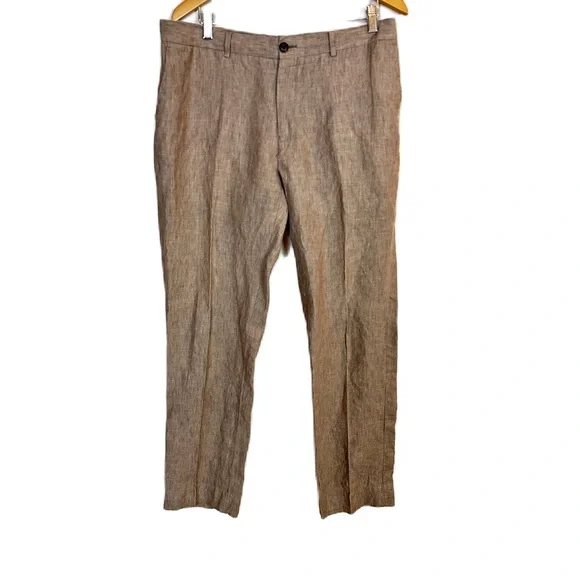 Frank & Oak Linen Tan Straight Leg Pants Flat Front Men’s Sz 36 X‎ 34