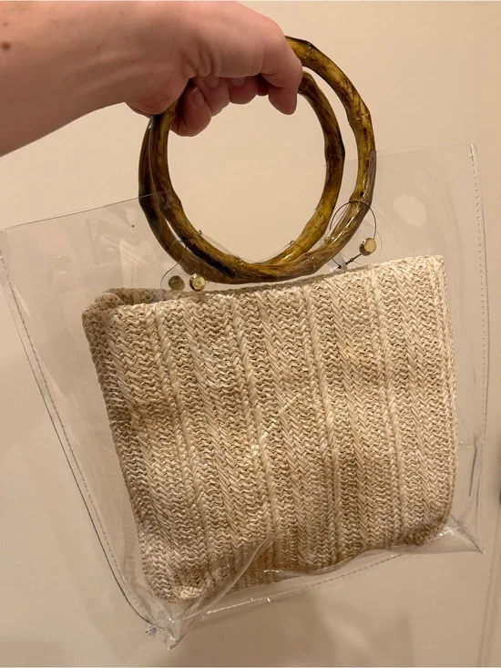 Clear Tote Bag with Woven Straw Insert and Tortoiseshell Handles