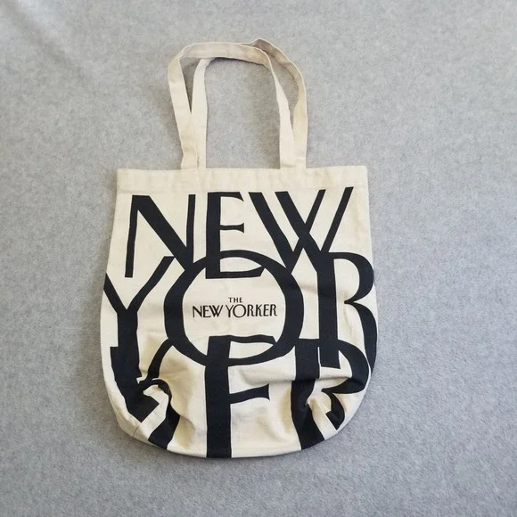 The New Yorker Tote Bag Canvas Print White Black Logo Shopper Open Top Reusable