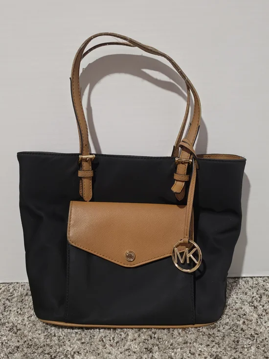 Michael Kors Tote Bag Black Brown Nylon Leather Shoulder Purse Large