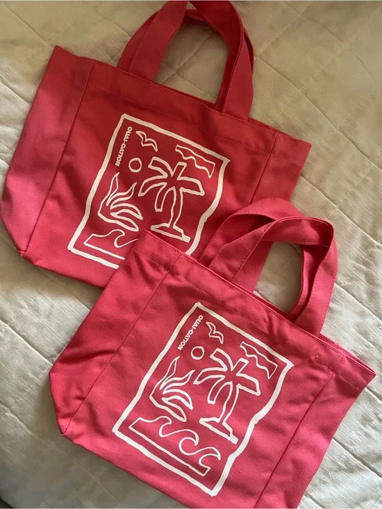 Canvas Tote Bag with Tropical Print - Pink Set of 2