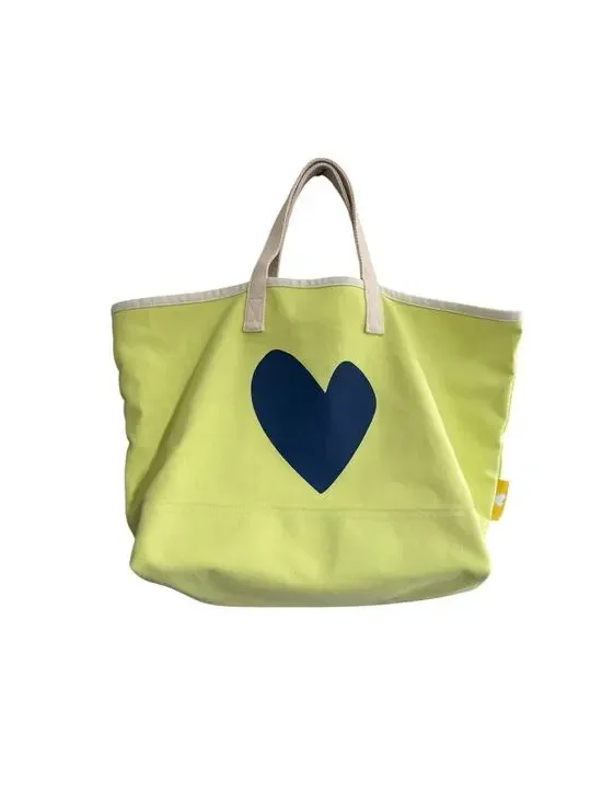Kerri Rosenthal Bright Yellow Navy Blue Heart Canvas Tote Bag #NE16