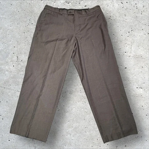 Van Heusen Men's Dress Pants Brown Plaid Check 38x29 Flat‎ Front
