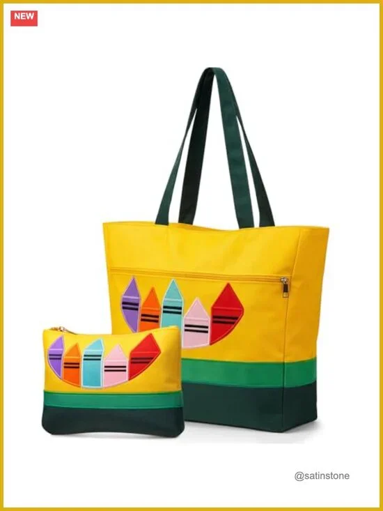 2 Pcs Teacher Tote Bag Set - Nylon Crayon Style with Makeup Bag Internal