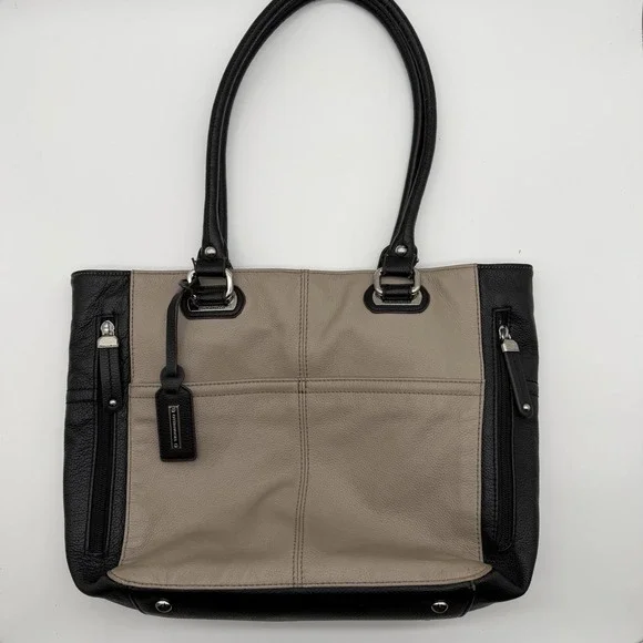 Tignanello Perfect Pockets Tote Colorblock Pebbled Leather Taupe/Black Y2K Style