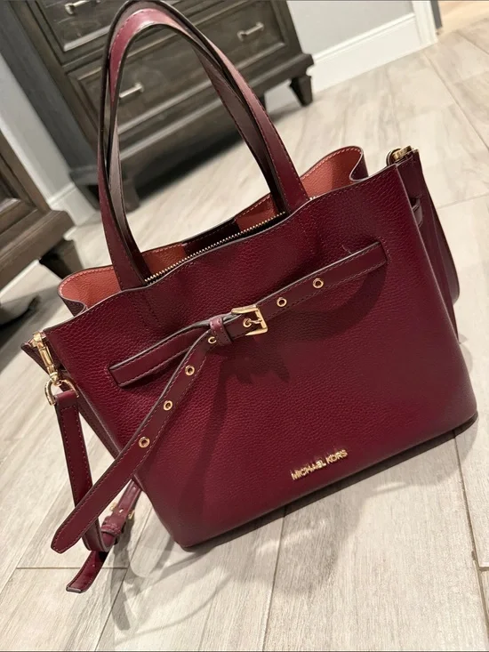 Michael Kors Wine Leather Tote with Bow Strap