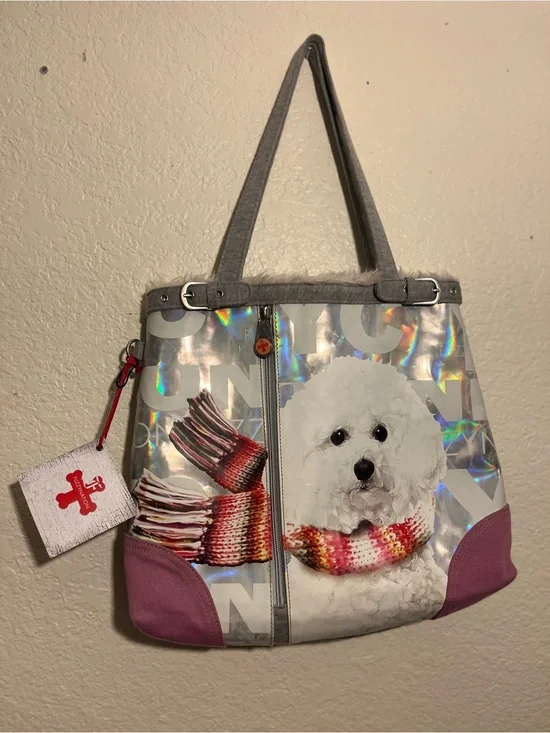 Holographic Bichon Frise Tote Bag in Gray and Pink