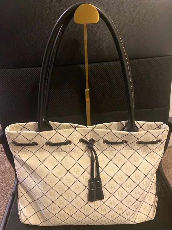 Dooney & Bourke White Monogram Tote with Black Trim