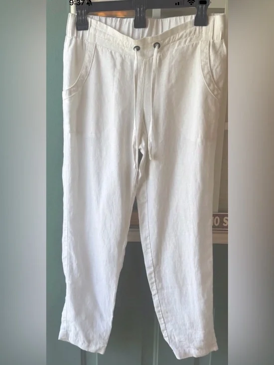 Athleta Women’s 100% Linen White Drawstring Ankle Pants Size 0 Lightweight
