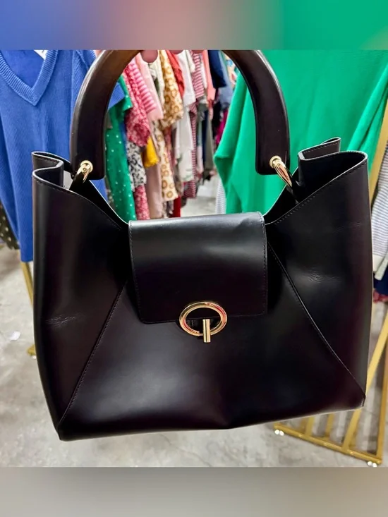 Structured Black Tote with Gold Ring Accent