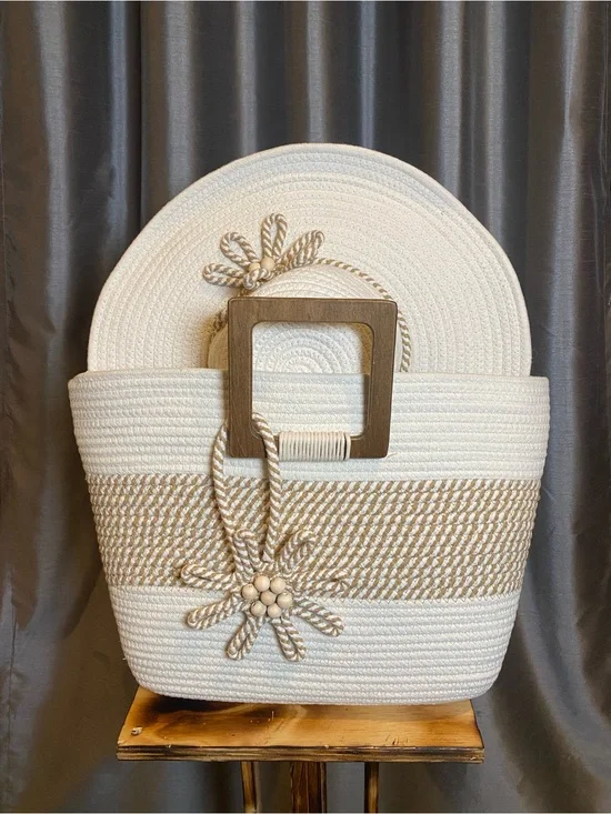 2pc Woven Rope Tote Bag and Hat in Cream and Tan