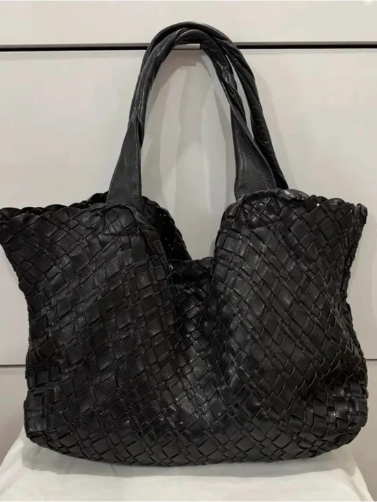 Massimo Dutti Black Woven Leather Tote