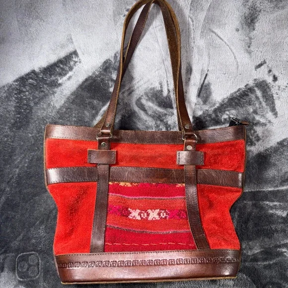 Boho Red Suede Woven Textile Leather Trim Tote Bag Floral Embroidery Handbag