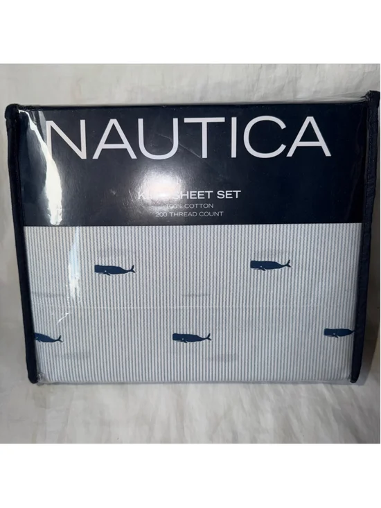 NIP Nautica 100% Cotton 200 Thread King Size Bed Sheet Set Nautical Whale Stripe