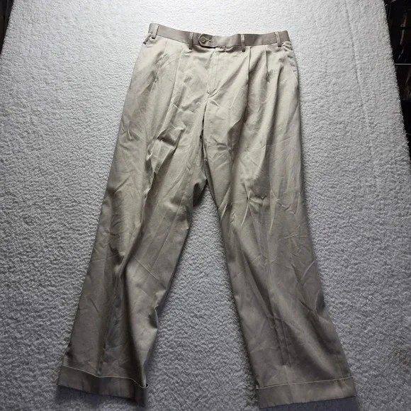 T. Harris Dress Pants Mens 36x30 Beige Pleated Cuffed Chino Regular Fit