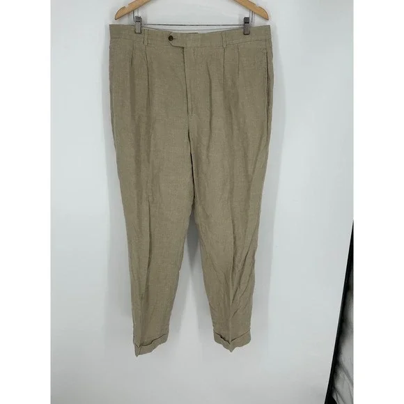 Ballin Relax 100% Linen Pants Men's Sz 38x30 Beige Pleated Cuffed R1