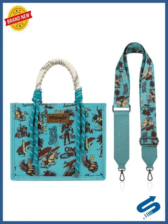 Canvas Tote Bag with Cactus Print, Rope Handle, Crossbody Strap