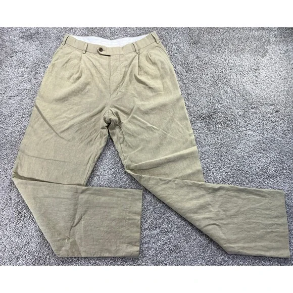 Island Pacific John W Nordstrom Mens 33R Khaki 100% Linen Pleated Trousers Pants