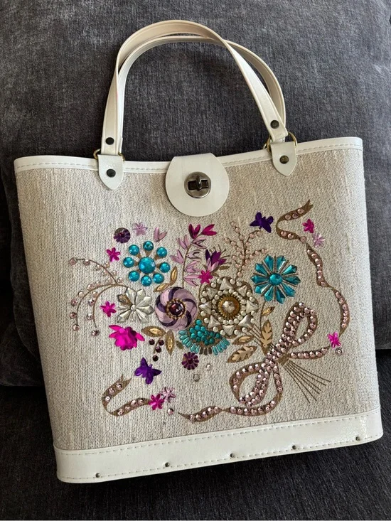 Embellished Beige Floral Tote Bag with White Trim