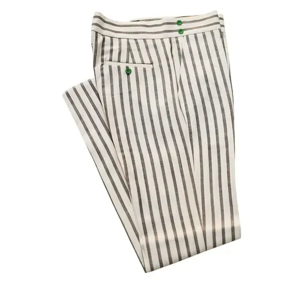 Mens Gurkha Pants 36 Cream Brown Striped Flat Front Slim Fit Cotton Trousers