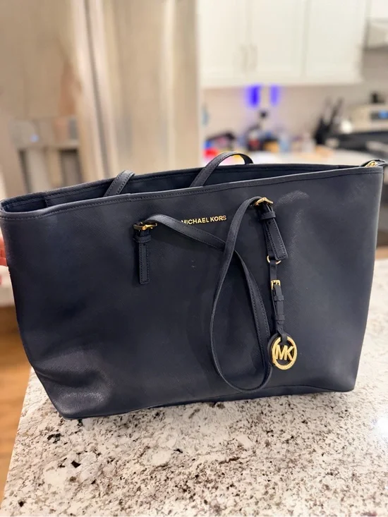 Michael Kors Navy Leather Tote with Gold MK Charm