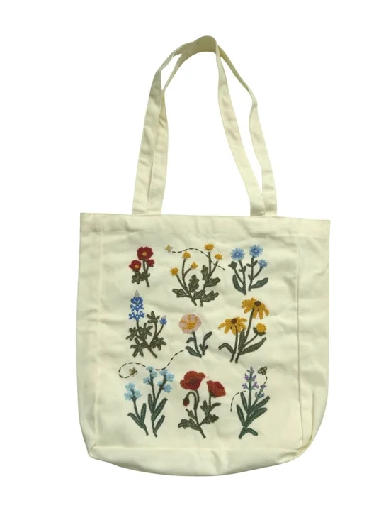 Canvas Embroidered  Wildflower Floral Tote Bag Cream New