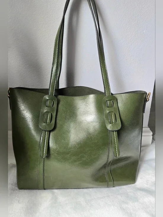 Vintage Style Olive Green Faux Leather Large Tote Bag - Roomy Shoulder Bag
