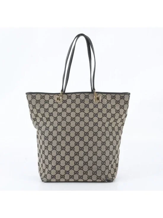 Gucci GG Canvas Leather Tote Shoulder Hand Brown