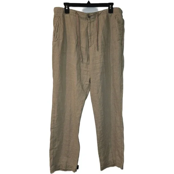 Tasso Elba Island Mens 34x32 Tan 100% Linen Drawstring Straight Leg Pants Khaki
