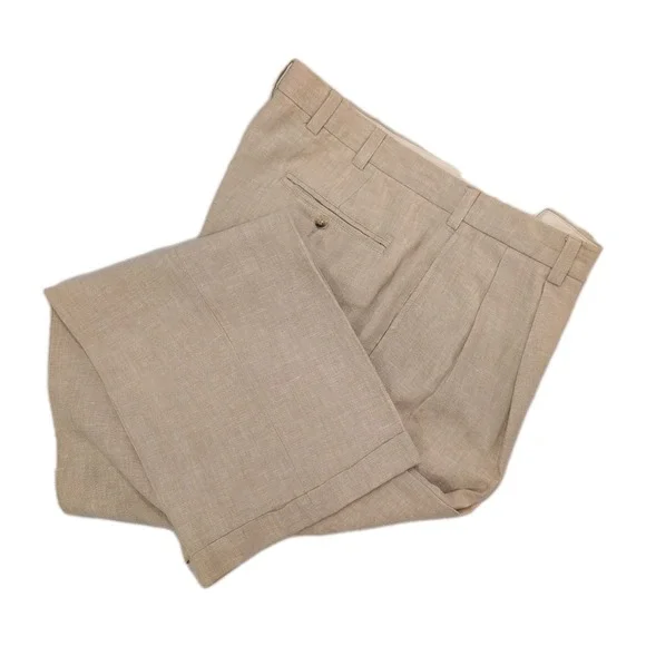 Jos A‎ Bank 38x32 Khaki 100% Linen Travelers Pleated Cuffed Mens Pants