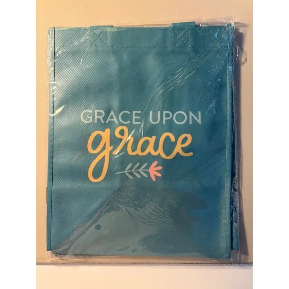 Grace Upon Grace Teal Reusable Woven Tote Bag Inspirational Religious Gift Bag