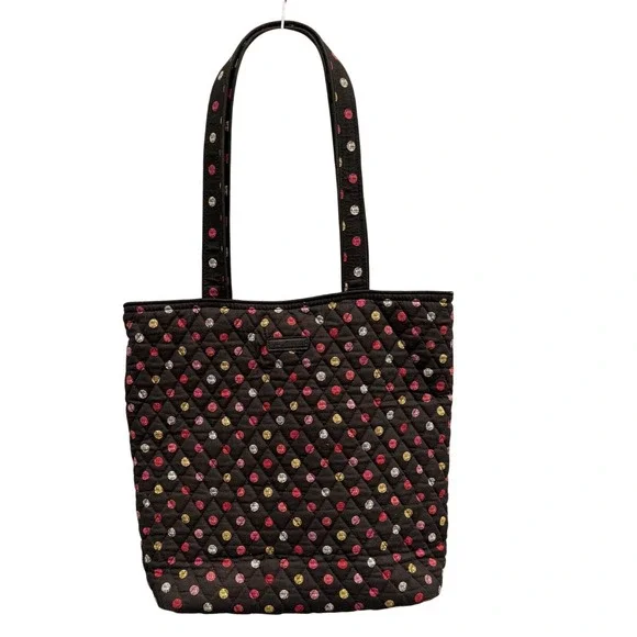 Vera Bradley Quilted Cotton Tote Bag Black Polka Dot Red Floral Interior Large