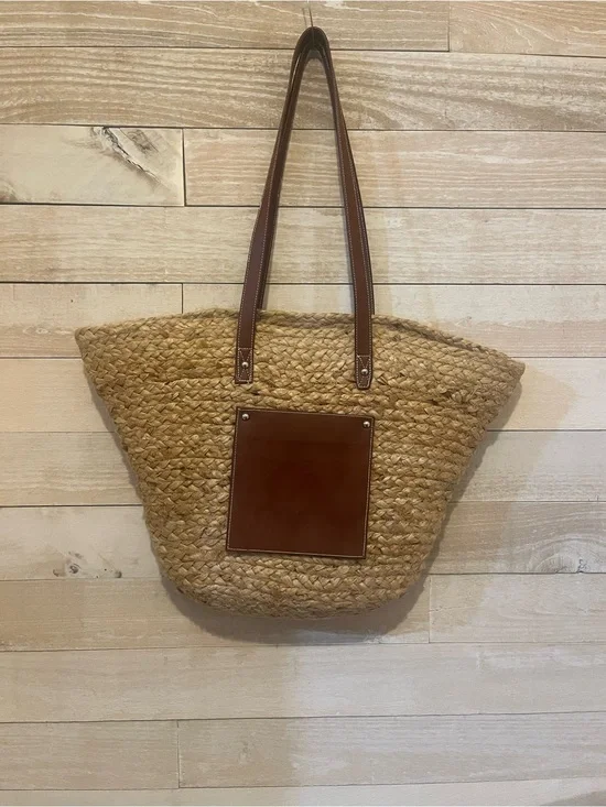 Haute Hippie Natural Straw Tote with Brown Leather Trim