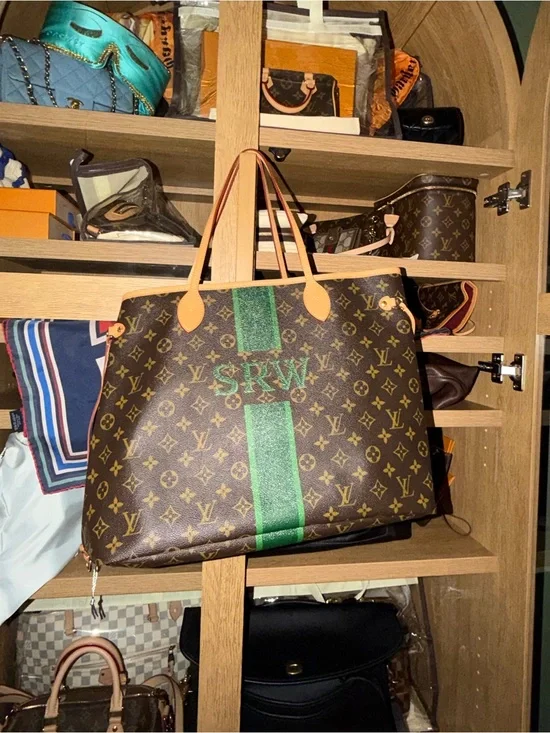 Louis Vuitton Neverfull GM Monogram Tote with Green Stripe personalized 100%auth