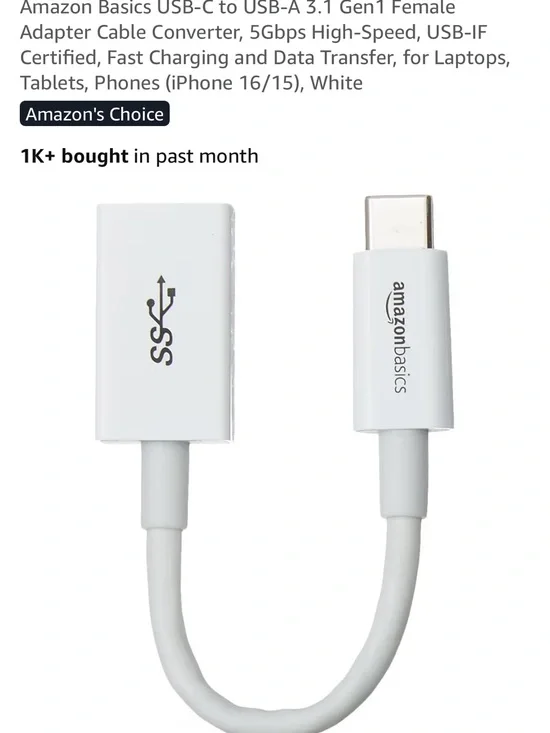 AmazonBasics USB-C to USB-A 3.1 Female Adapter Cable - White