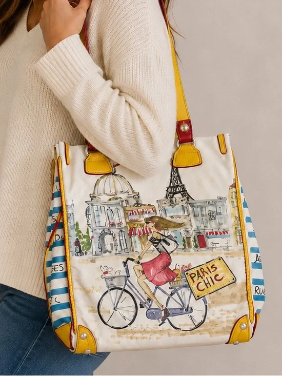 Brighton Paris Chic Leather Tote Bag Fashionista Art Bicycle Rare & Retired
