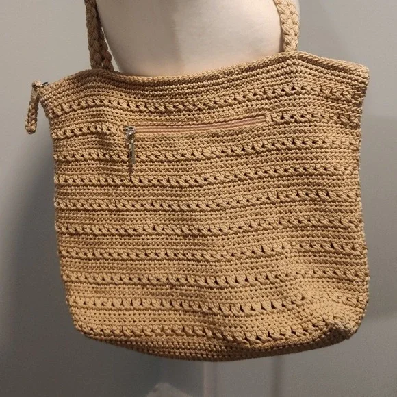 The Sak Crochet Tote Bag Women Large Tan Good Boho Braided Strap Zip Pocket