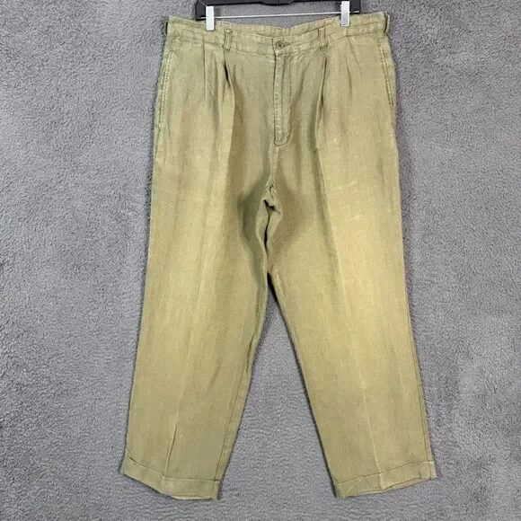 Vtg Brooks Brothers Pants Mens 38x30 (Fits 36x28) Green Linen Pleated Classic