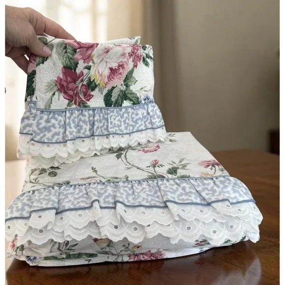 VTG Waverly Belle Rive Queen Sheet Set Complete 4 piece Cottagecore Rose Ruffle