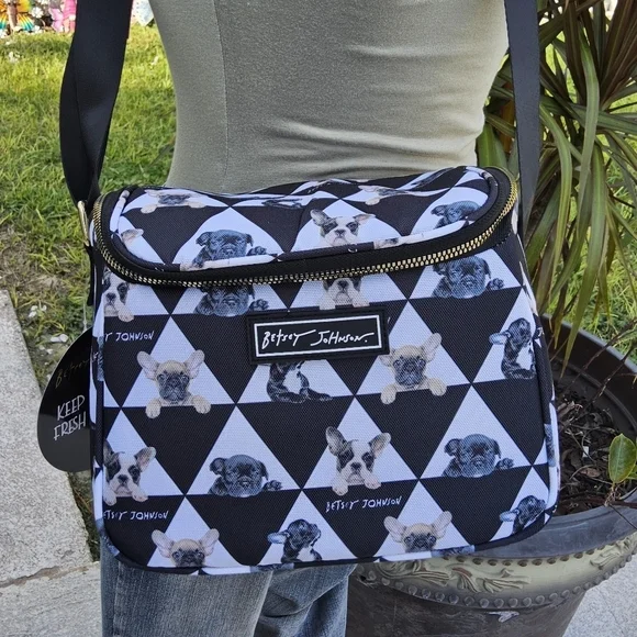 BETSEY JOHNSON BLACK n WHITE CHECKERED DOG BETSEY JOHNSON INSULATED CUBE LUNCH