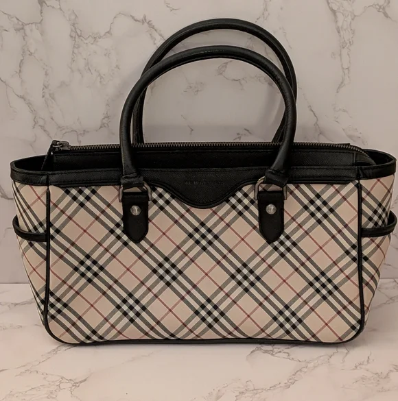 Burberry Beige Check Canvas Tote with Black Trim