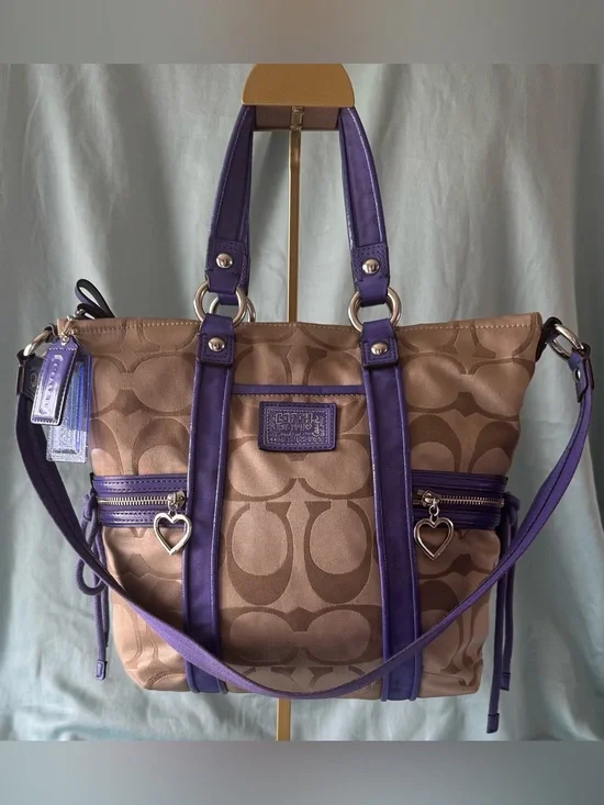 Coach F20101 Poppy Khaki and Purple Signature C Jacquard Canvas Satchel/Tote