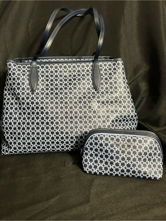 Kate Spade Blue & White Patterned Tote with Cosmetic Pouch