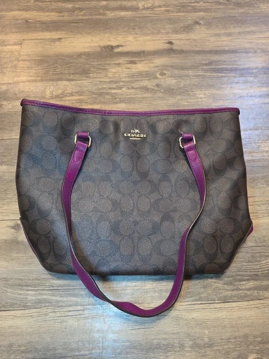 Coach Brown Signature Tote with Plum Trim
