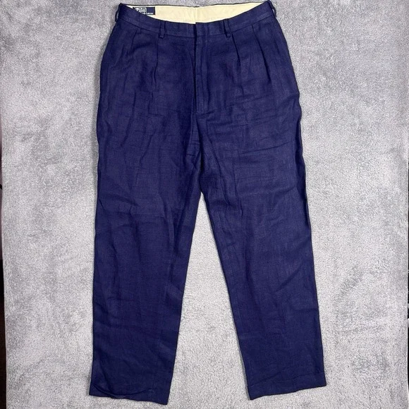 Polo Ralph Lauren Pants Mens 36x32 100% Linen Pleated Cuff Dress Trouser Vintage