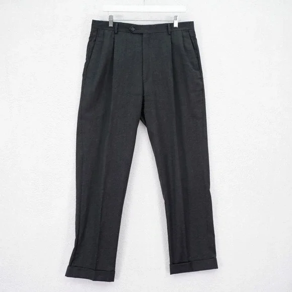 DAMAGED Hart Schaffner Marx Twill Flannel Wool Dark Gray Dress Pants 34 /‎ 31