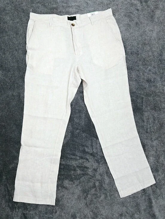 CLUB ROOM Luxury Pants Men's 36x30 Classic Flat Front 100 Linen Beige Resortwear