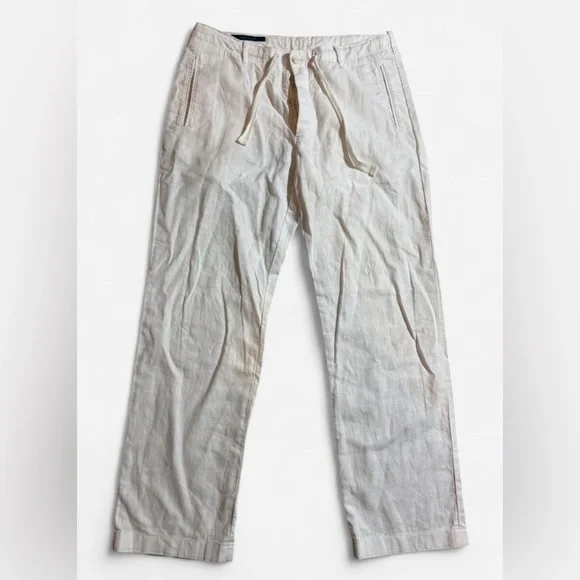 Perry Ellis Mens Linen Blend Pants White 35x28  Button Fly Beach Casual