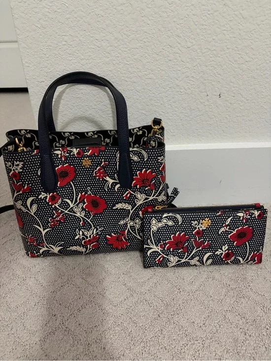 Tory Burch Navy Floral Tote with Red Accents
